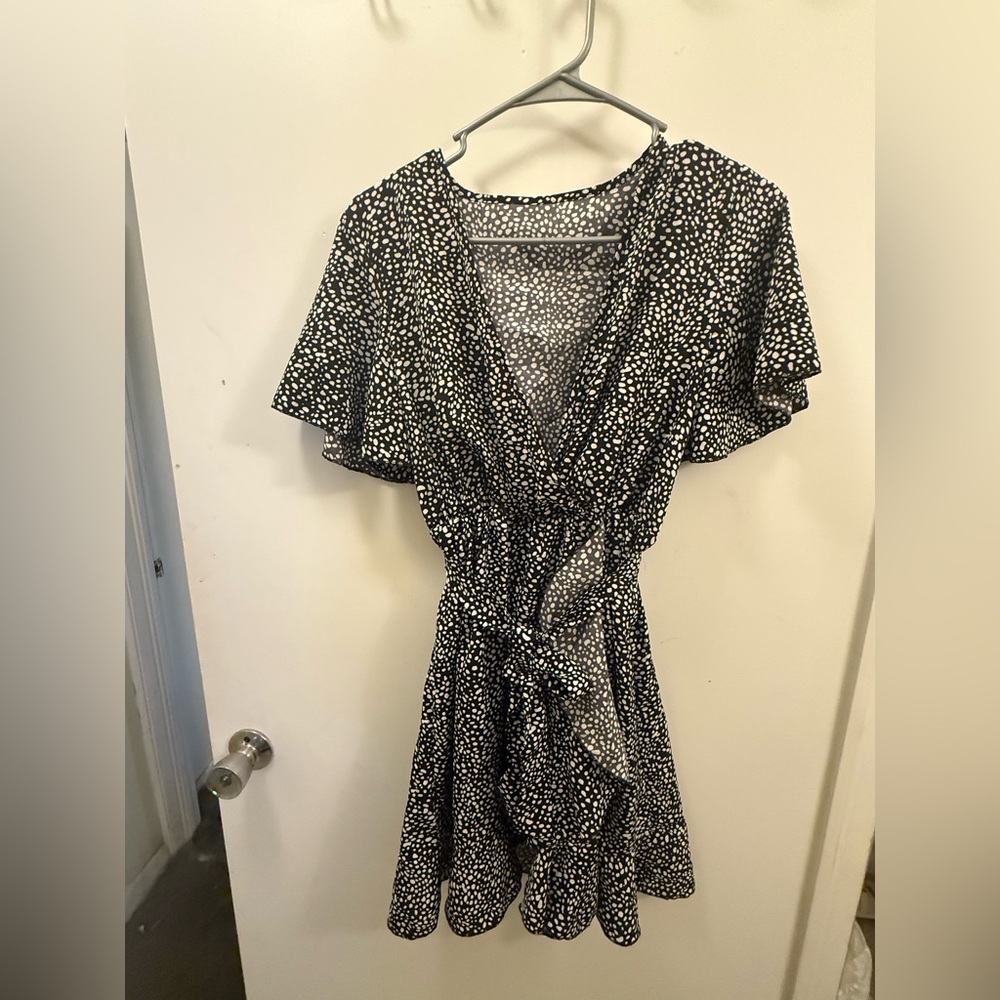SHEIN Black and White Ruffled Wrap Sundress